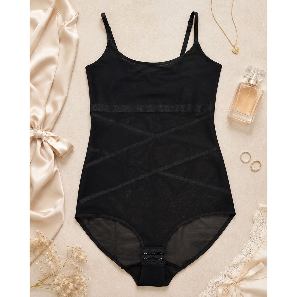 Juicy Couture Shapewear Bodysuit Womens L Black Mesh Snap Gusset Lingerie